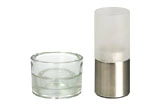 Windlicht-Set Glas mit satiniertem Zylinder und Edelstahlfuß plus rundem Teelichthalter, modernes Deko-Licht für Tisch und Fensterbank