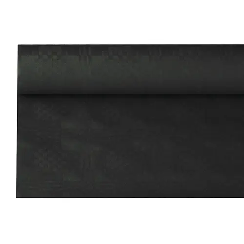 PAPSTAR Papiertischtuch mit Damastprägung 6 m x 1,2 m schwarz auf Rolle, 39 g/m², farbige Oberseite, weiße Unterseite, ideal für festliche Tafeln