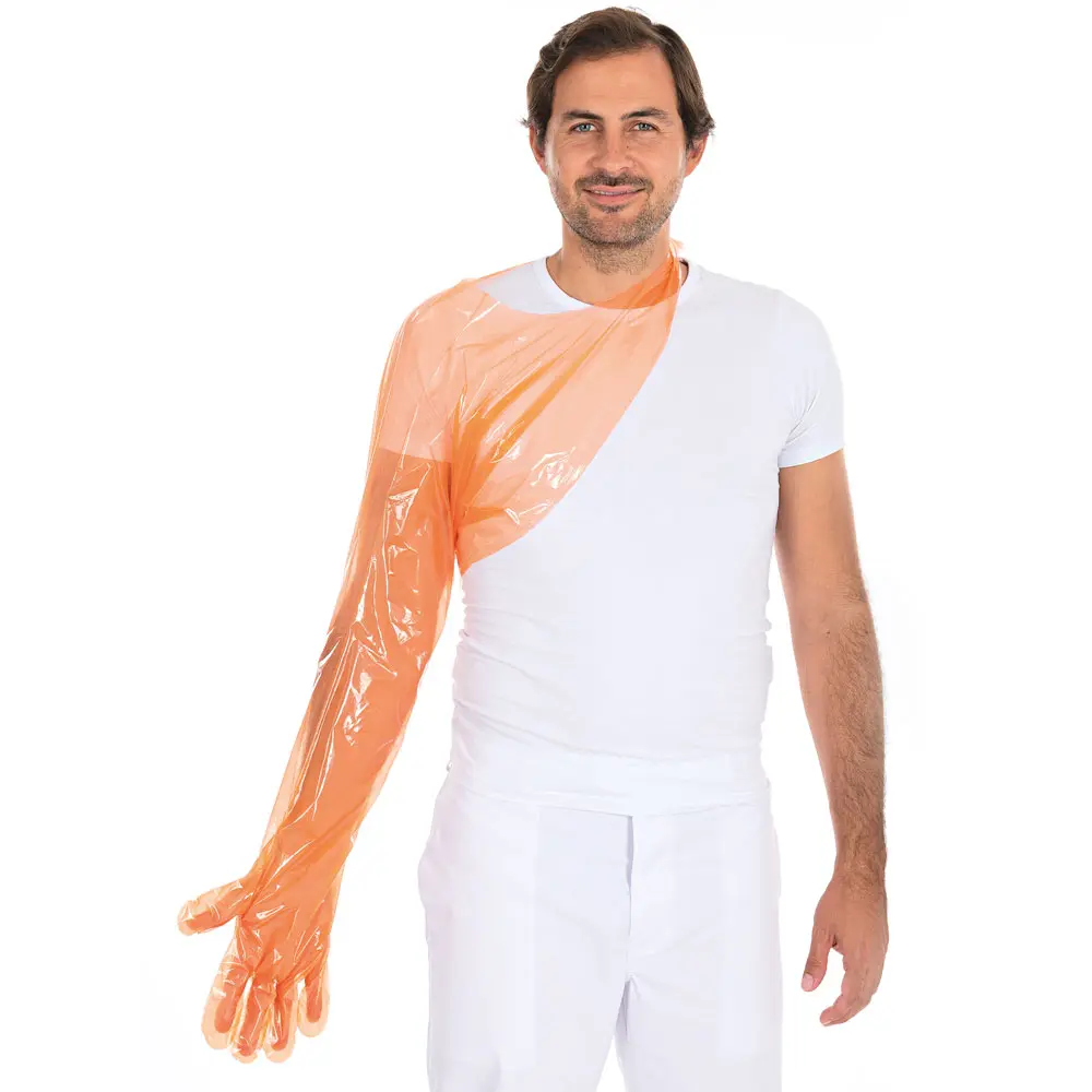 Hygostar Softline Extra Long LDPE-Handschuhe orange, extra langer 120 cm Schulterhandschuh aus LDPE, puderfrei, latexfrei, lebensmittelecht, VE 2000 Stück