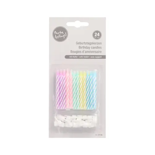 PAPSTAR Geburtstagskerzen mit Halter 6 cm farbig sortiert pastell, 24 pastellfarbene Paraffinkerzen mit Haltern für Torten und Kuchen, Art.-Nr. 37136