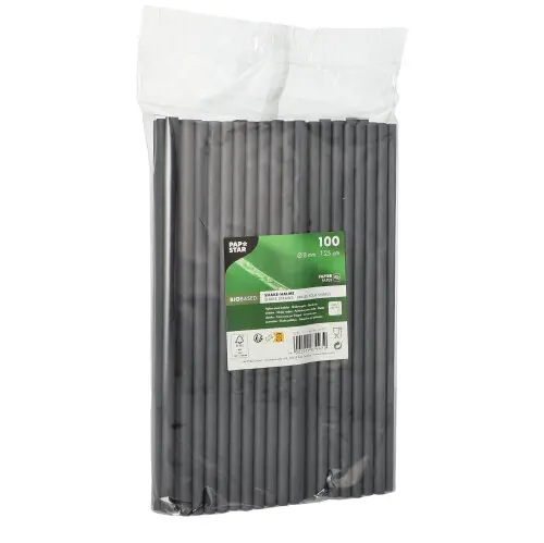 PAPSTAR Shake-Halme, Papier Ø 8 mm, 25 cm schwarz, 12 x 100 Stück im Beutel verpackt, FSC-zertifizierte, nachhaltige Trinkhalme für Shakes, Limonaden und Erfrischungsgetränke