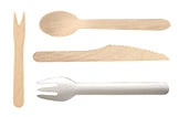 Holz Einweg-Besteck Set mit Gabel, Messer, Löffel und weißem Spork, nachhaltiges, plastikfreies Partybesteck