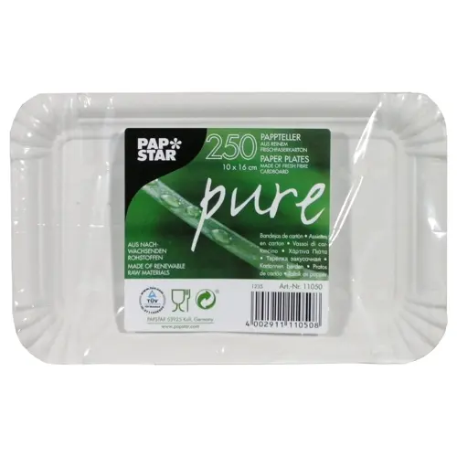 PAPSTAR Teller, Pappe "pure" eckig 10 x 16 cm weiß, FSC-zertifizierte Einweg-Pappteller aus 100 % Frischfaserkarton, lebensmittelecht und nachhaltig, Karton mit 8 x 250 Stück, Art.-Nr. 11050