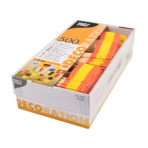 PAPSTAR Deko-Picker 8 cm "Spanien" aus Holz, Spanien-Flaggenpicker für Snacks, Tapas und Buffets in Pappbox, Art.-Nr. 16339
