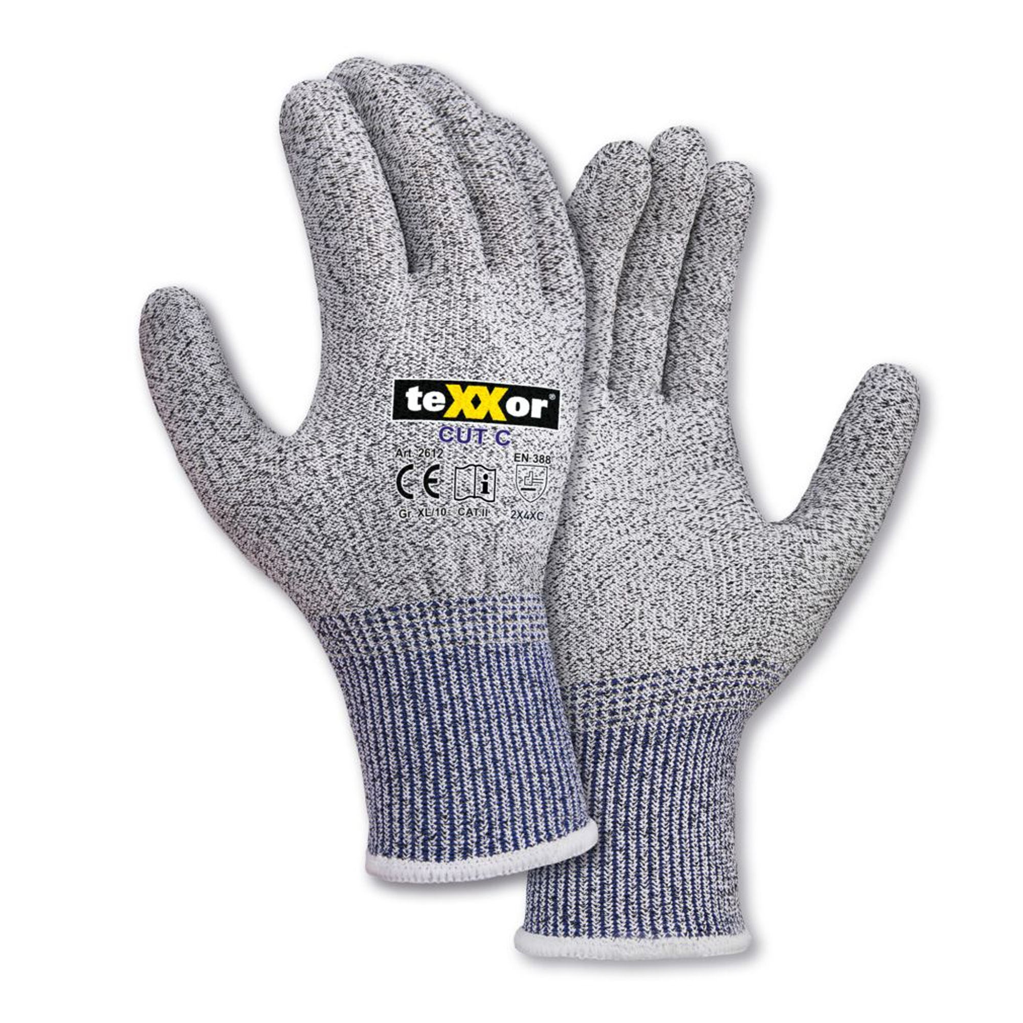 teXXor 2612, CUT C Schnittschutzhandschuhe grau-meliert/blau, VE 144 Paar