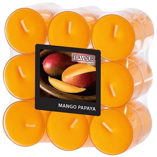 PAPSTAR 18 "Flavour by GALA" Duftlichte Ø 38 mm, 24 mm pfirsich - Mango-Papaya in Polycarbonathülle