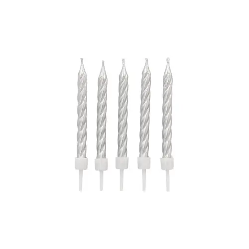 PAPSTAR Geburtstagskerzen auf Halter 6 cm silber, 5 spiralförmige Paraffinkerzen mit weißen Haltern für Torten und Kuchen, 6 cm hoch, Art.-Nr. 37139