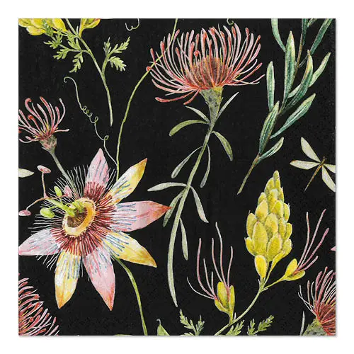 PAPSTAR Servietten, 3-lagig 1/4-Falz 33 cm x 33 cm Flowers mit buntem Blumenmotiv auf schwarzem Hintergrund, umweltfreundliche FSC-zertifizierte Tissue-Servietten