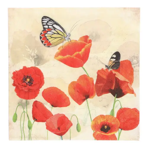 PAPSTAR Servietten, 3-lagig 1/4-Falz 33 cm x 33 cm Poppy Flowers mit roten Mohnblumen und bunten Schmetterlingen, umweltfreundliche Tissue-Deko-Servietten