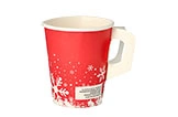 Weihnachts-Pappbecher rot mit Henkel und weißem Schneeflocken-Dekor, ideal für heiße Getränke, Artikelnummer 106162