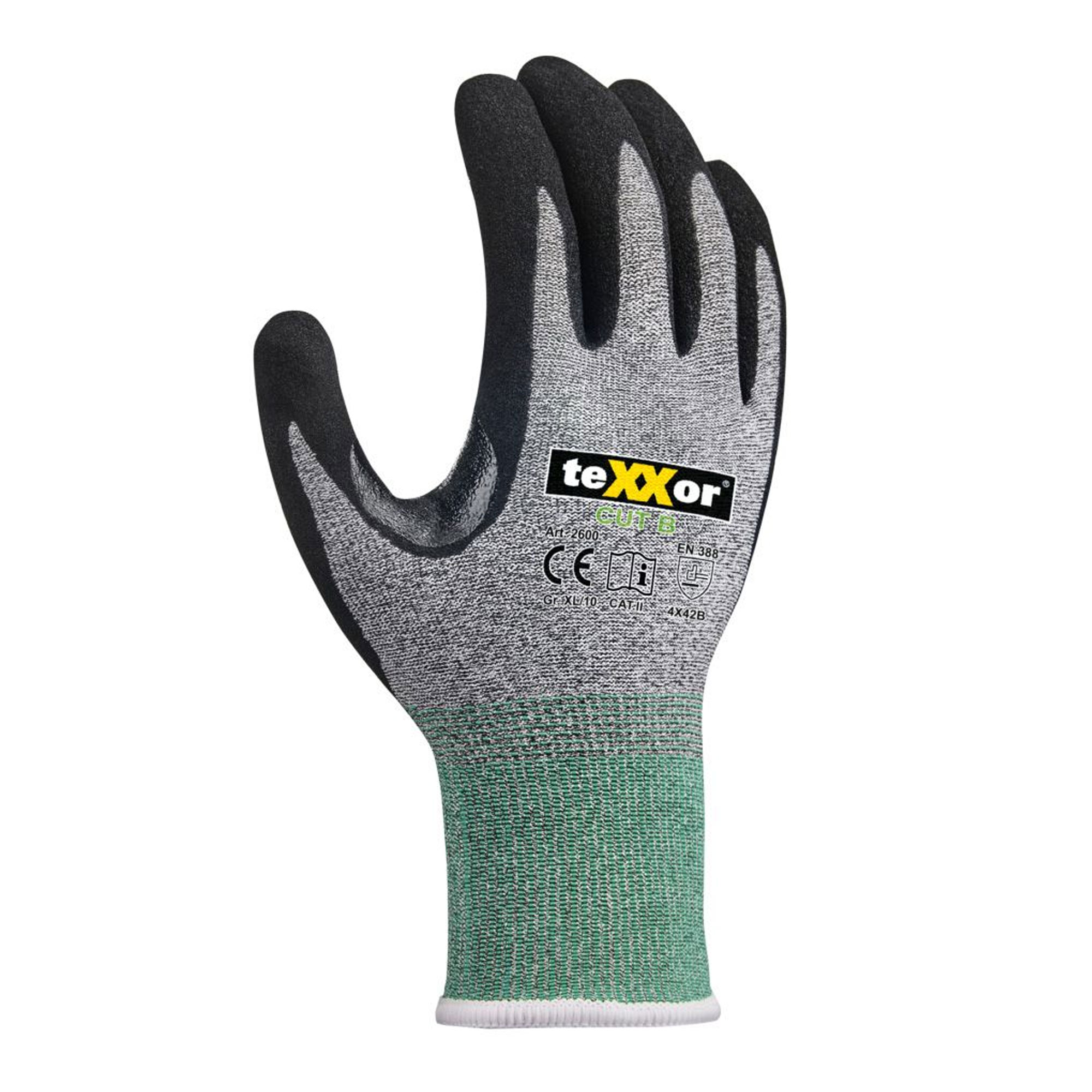 teXXor 2600, CUT B Schnittschutzhandschuhe mit Nitril, gesandet-Beschichtung grau-meliert/grün/schwarz, VE 144 Paar