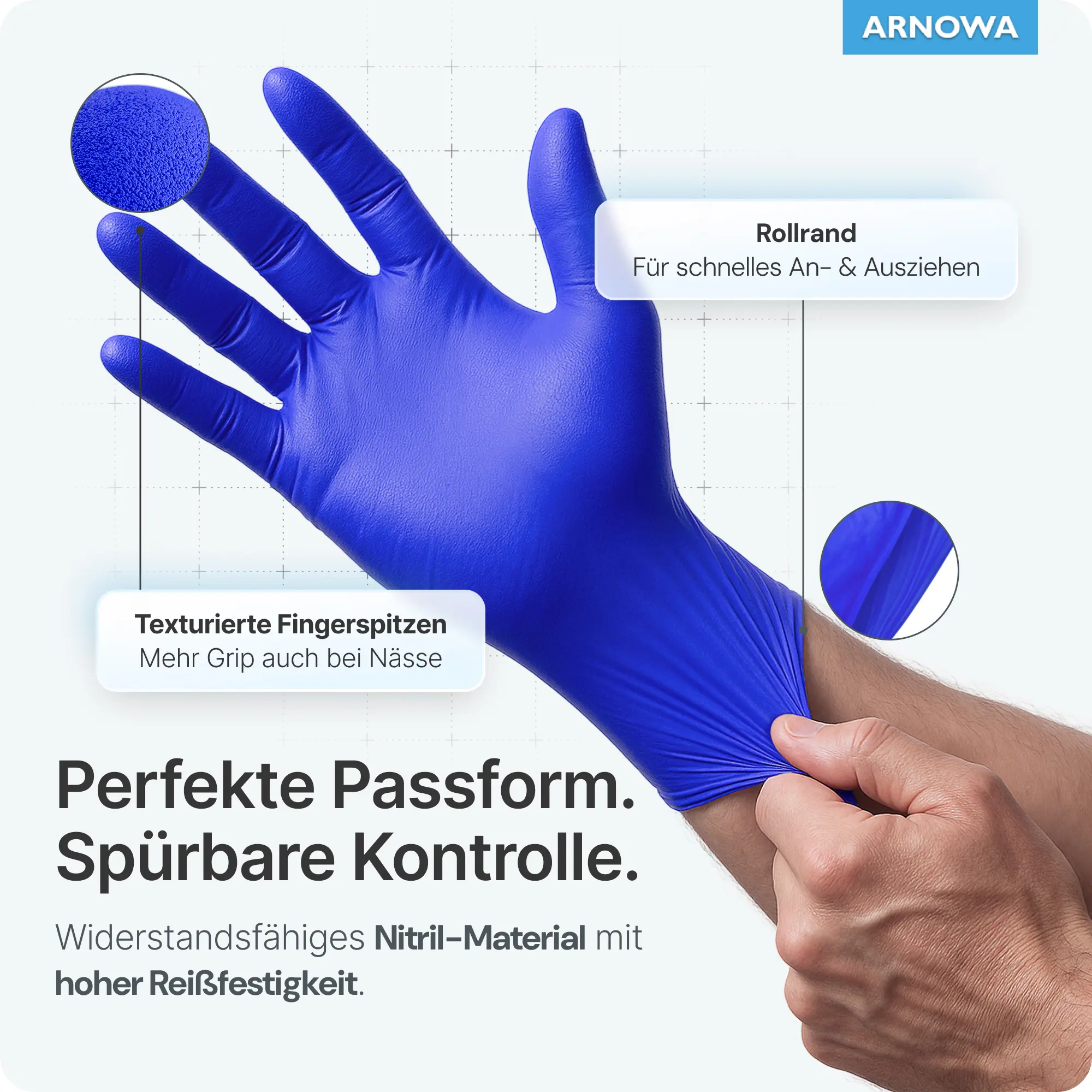 ARNOMED RAINBOW NITRIL OCEAN BLUE Nitrilhandschuhe blau puderfrei, latexfreie Untersuchungshandschuhe mit texturierten Fingerspitzen und Rollrand für Praxis, Pflege und Labor, VE 100 Stück