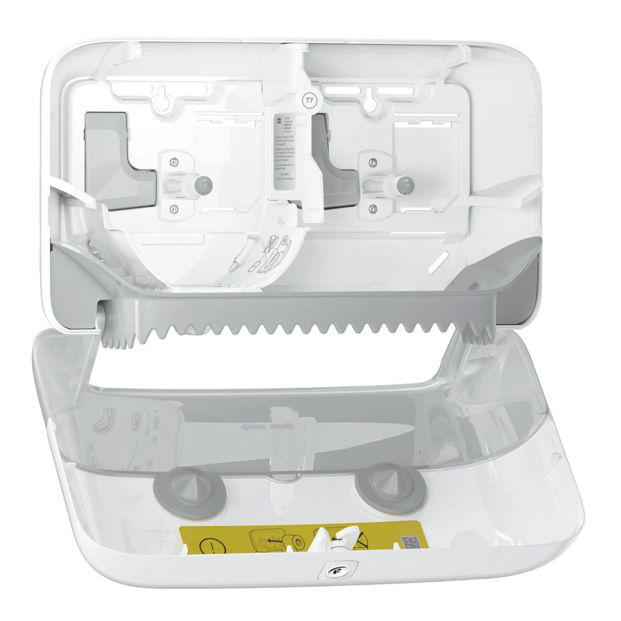 Tork Elevation Doppelrollenspender für hülsenloses Midi Toilettenpapier T7 aus Kunststoff, geöffnet mit Platz für 2 hülsenlose Midi-Rollen, abschließbares Gehäuse mit Sichtfenster, Artikelnummer 558040