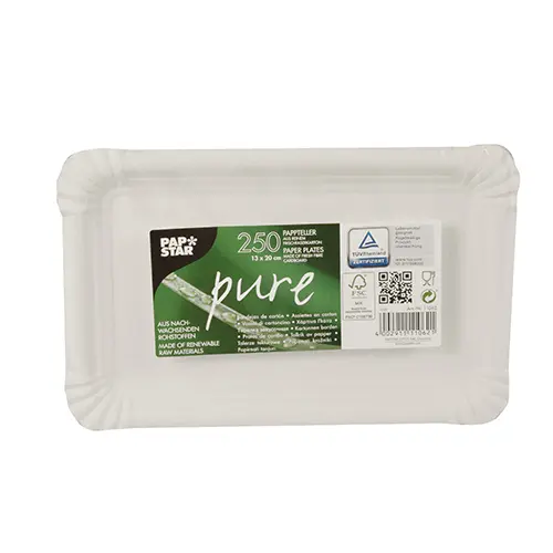 PAPSTAR Teller, Pappe pure eckig 13 x 20 cm weiß, flacher Einweg-Kuchenteller aus 100 % Frischfaserkarton, FSC-zertifiziert, 4 x 250 Stück, Art.-Nr. 11062