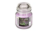 Lavendel Duftkerze im Glas, lila Wachs mit Deckel und Etikett mit Lavendelmotiv, Artikelnummer 7758