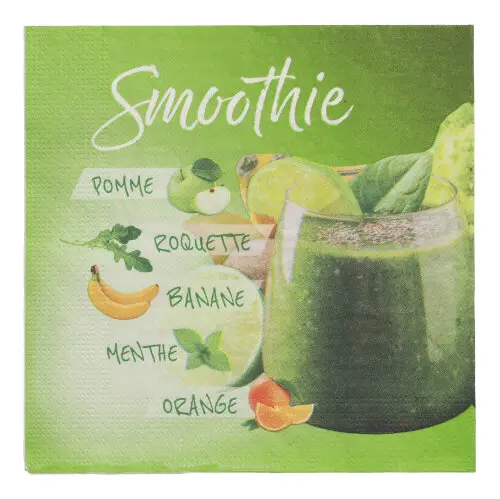 PAPSTAR Servietten, 3-lagig 1/4-Falz 33 cm x 33 cm Smoothie, grüne Tissue-Serviette mit Smoothie-Glas sowie Apfel, Banane, Orange, Minze und Rucola Motiv, FSC-zertifiziert