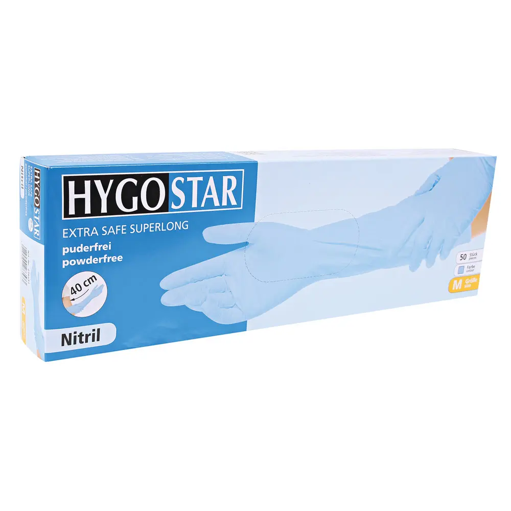 Hygostar Extra Safe Superlong 40 cm Nitrilhandschuhe blau puderfrei, VE 500 Stück, extralange Nitril-Einmalhandschuhe für sicheren Schutz in Medizin, Labor und Industrie