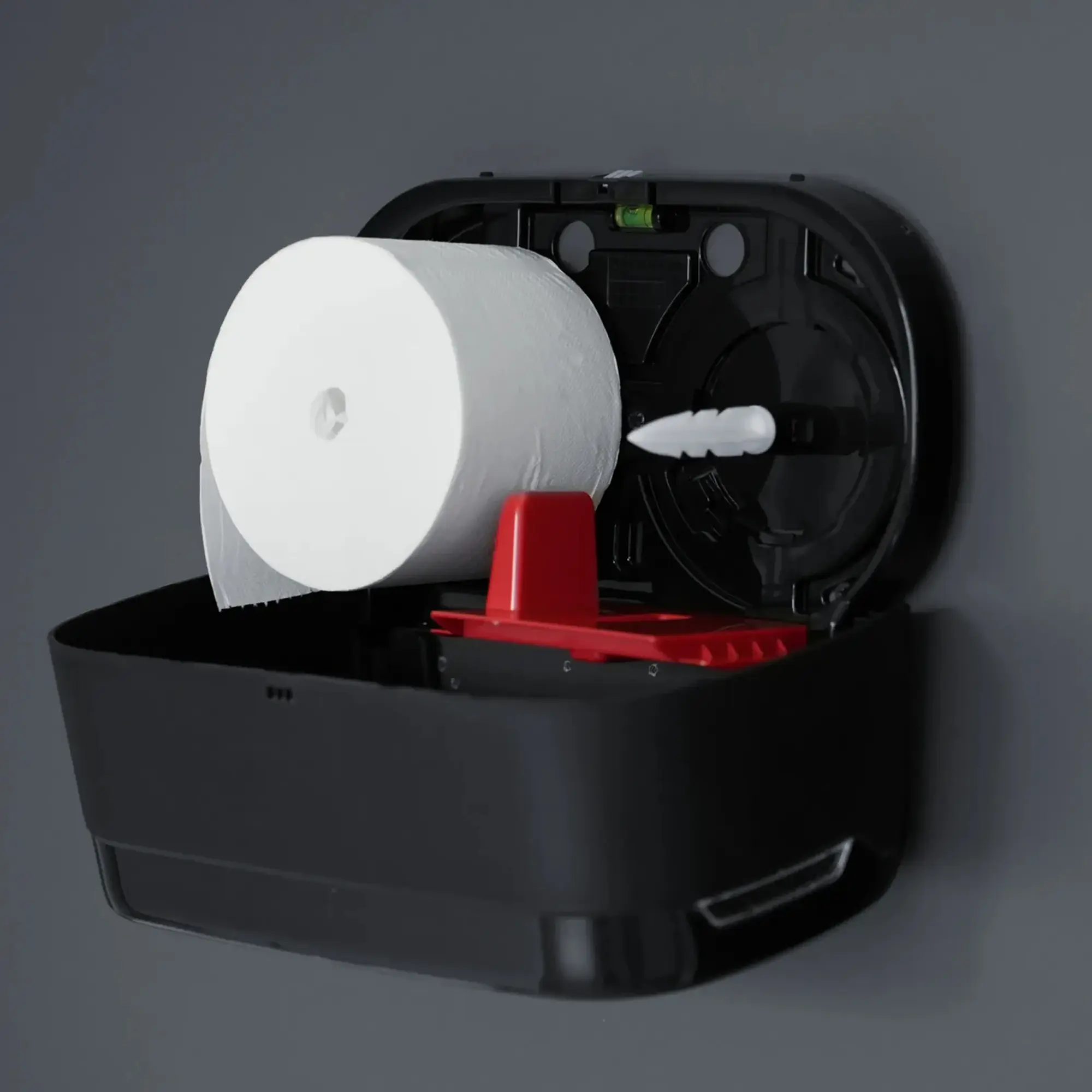 SEMYtop Toilettenpapierspender für 2 Rollen kernlos, robuster schwarzer Kunststoff-Wandspender mit geöffneter Front und eingelegter kernloser Toilettenpapierrolle