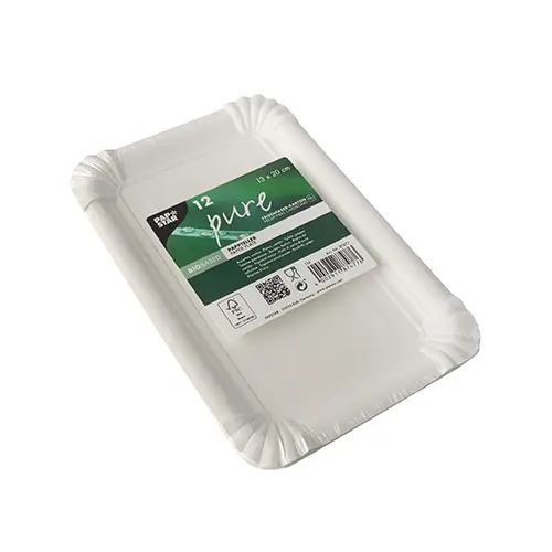 PAPSTAR Teller, Pappe pure eckig 13 x 20 cm weiß aus 100 % Frischfaserkarton, lebensmittelecht, FSC-zertifiziert, 25 x 12 Stück, Art.-Nr. 87477