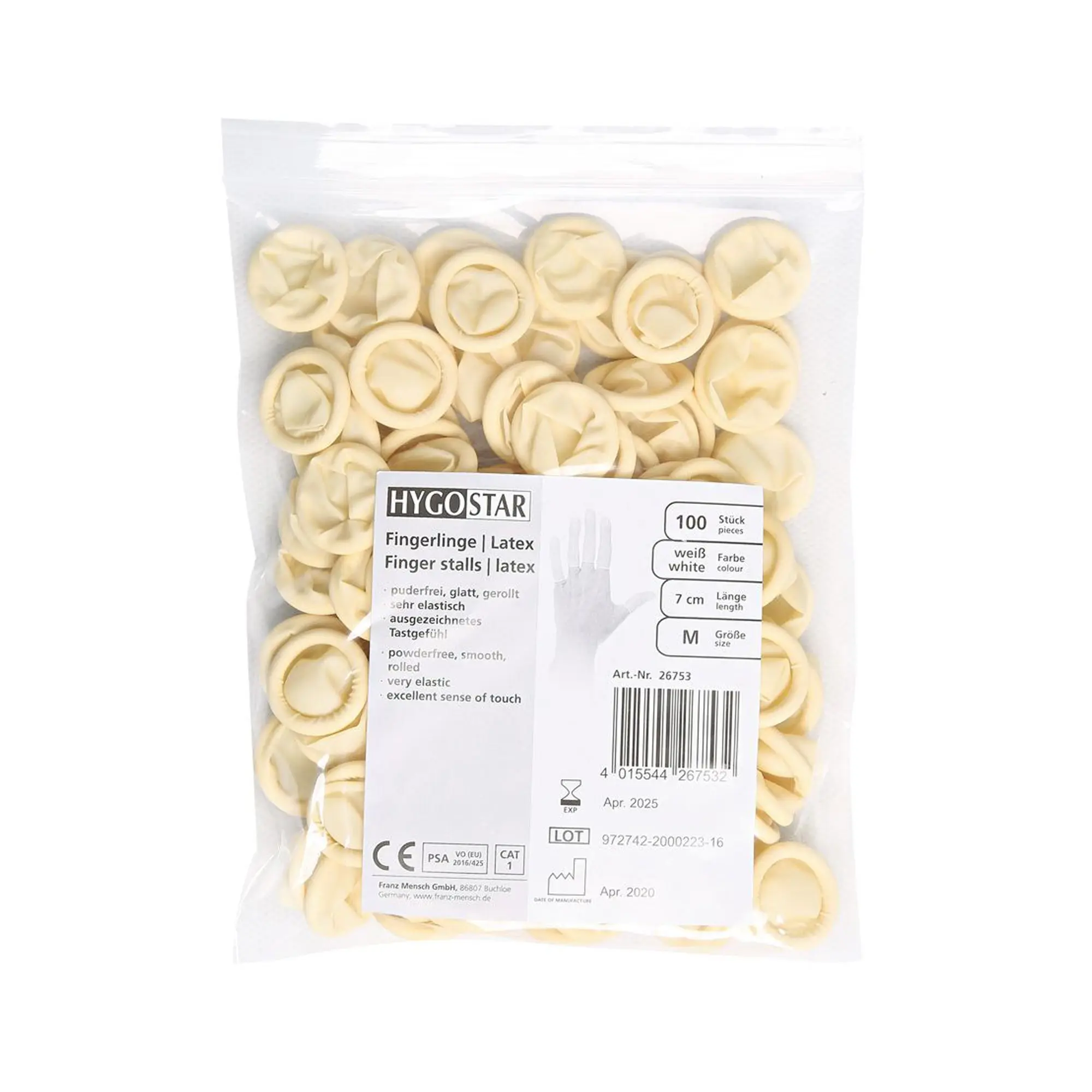 Hygostar Fingerlinge aus Latex weiß puderfrei, 7 cm lang, gerollte, texturierte Einmal-Fingerlinge für präzise Arbeiten in Medizin, Labor, Kosmetik und Lebensmittelbereich, Art.-Nr. 26753