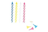 Geburtstagskerzen bunt mit Halter, Spiral-Kerzen in Blau, Gelb, Weiß und Pink für Kuchen und Torten, inklusive farbiger Kerzenhalter