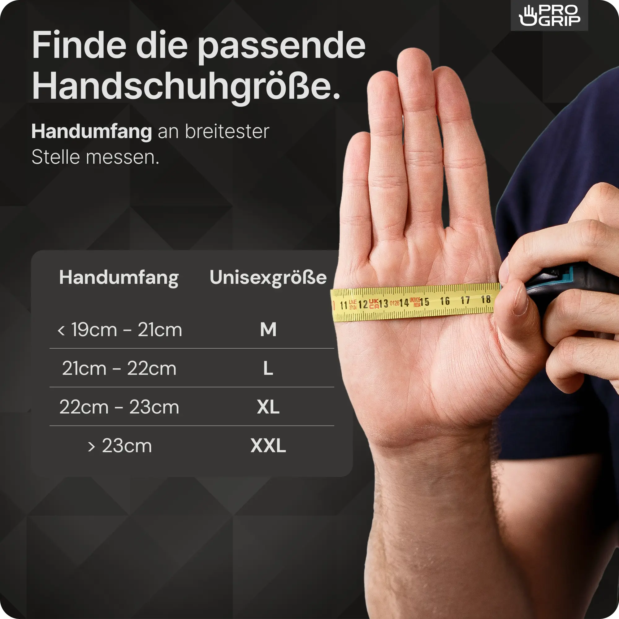 ARNOMED PROGRIP NITRIL DIAMOND BLUE Nitrilhandschuhe blau puderfrei – Anleitung zum Messen des Handumfangs mit Größentabelle für Unisexgrößen M, L, XL, XXL