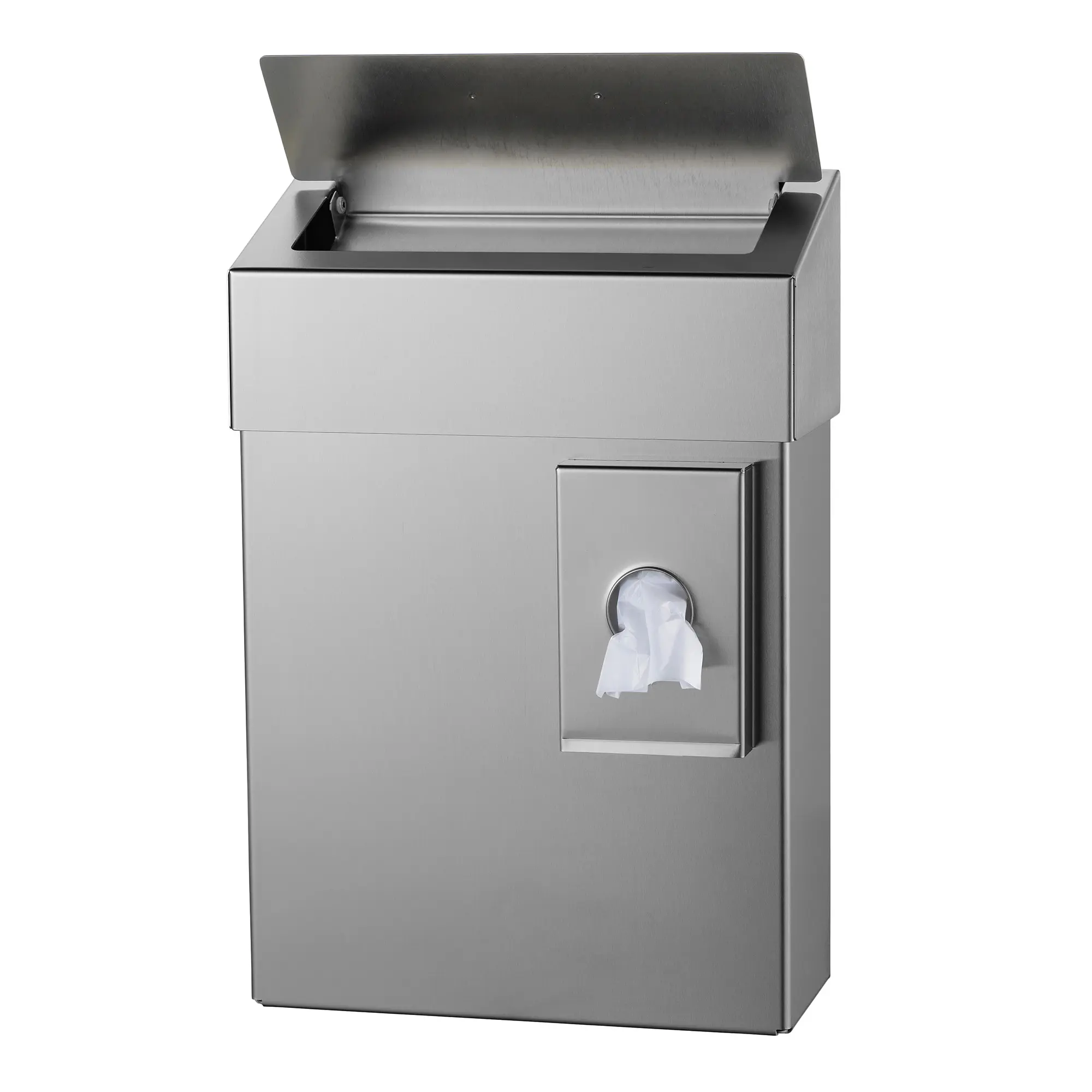 MediQo-line Hygiene-Abfallbehälter 10 Liter aus Edelstahl mit Schleusenklappe und integriertem Hygienebeutelhalter, Wandmontage, MQHB10