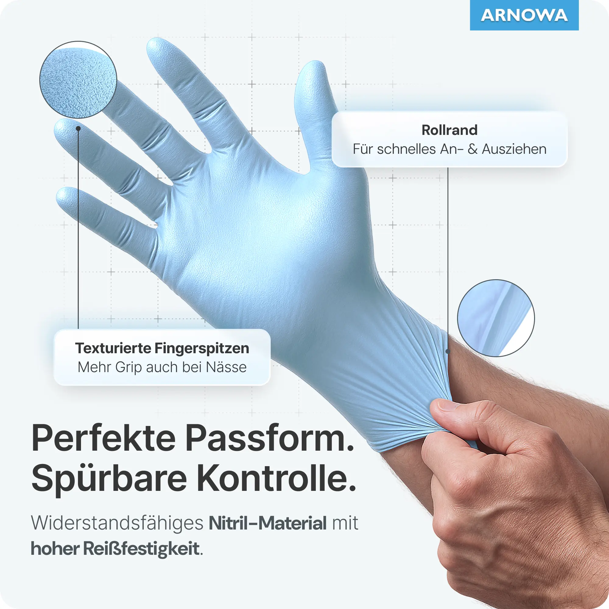 ARNOMED RAINBOW NITRIL ICE BLUE Nitrilhandschuhe hellblau puderfrei, elastische Einmal-Nitrilhandschuhe mit texturierten Fingerspitzen und Rollrand für medizinische und hygienische Anwendungen, VE 100 Stück