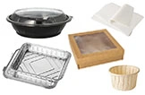 Verpackungslösungen für Take-away und Backwaren, bestehend aus Schale mit Deckel, Aluminiumform, Backform aus Papier, Sichtfenster-Karton und Servietten, Art.-Nr. 10001