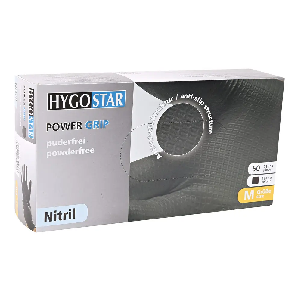 Hygostar Power Grip Nitrilhandschuhe schwarz puderfrei, robuste Nitril-Einweghandschuhe mit Antirutsch-Struktur für sicheren Griff bei nassen oder öligen Arbeiten, VE 500 Stück