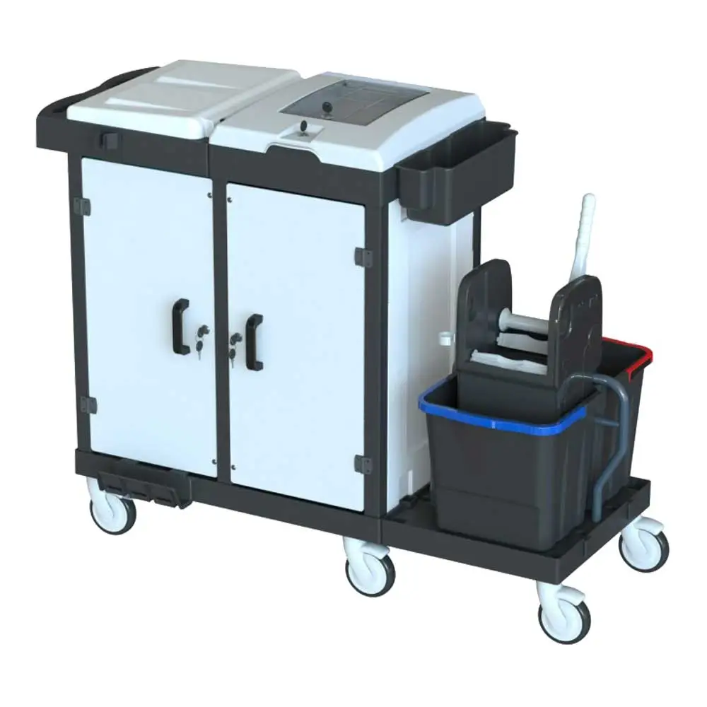 Arcora BORA MEDICAL 750 Reinigungs- und Desinfektionswagen mit zwei abschließbaren Schränken, integrierter Ablagewanne, 140-Liter-Abfallsackmodul und zwei 20-Liter-Wischeimern für hygienesensible Bereiche