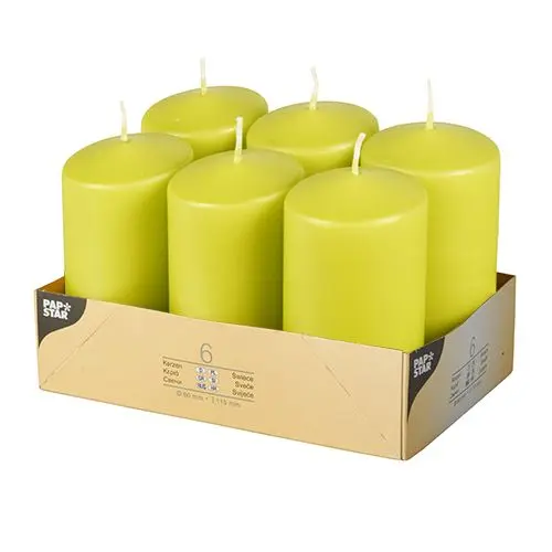 Starpak Stumpenkerzen Ø 60 mm, 115 mm kiwi von PAPSTAR, 6 limegrüne Stumpenkerzen im Karton, Höhe 115 mm, Brenndauer ca. 24 Stunden