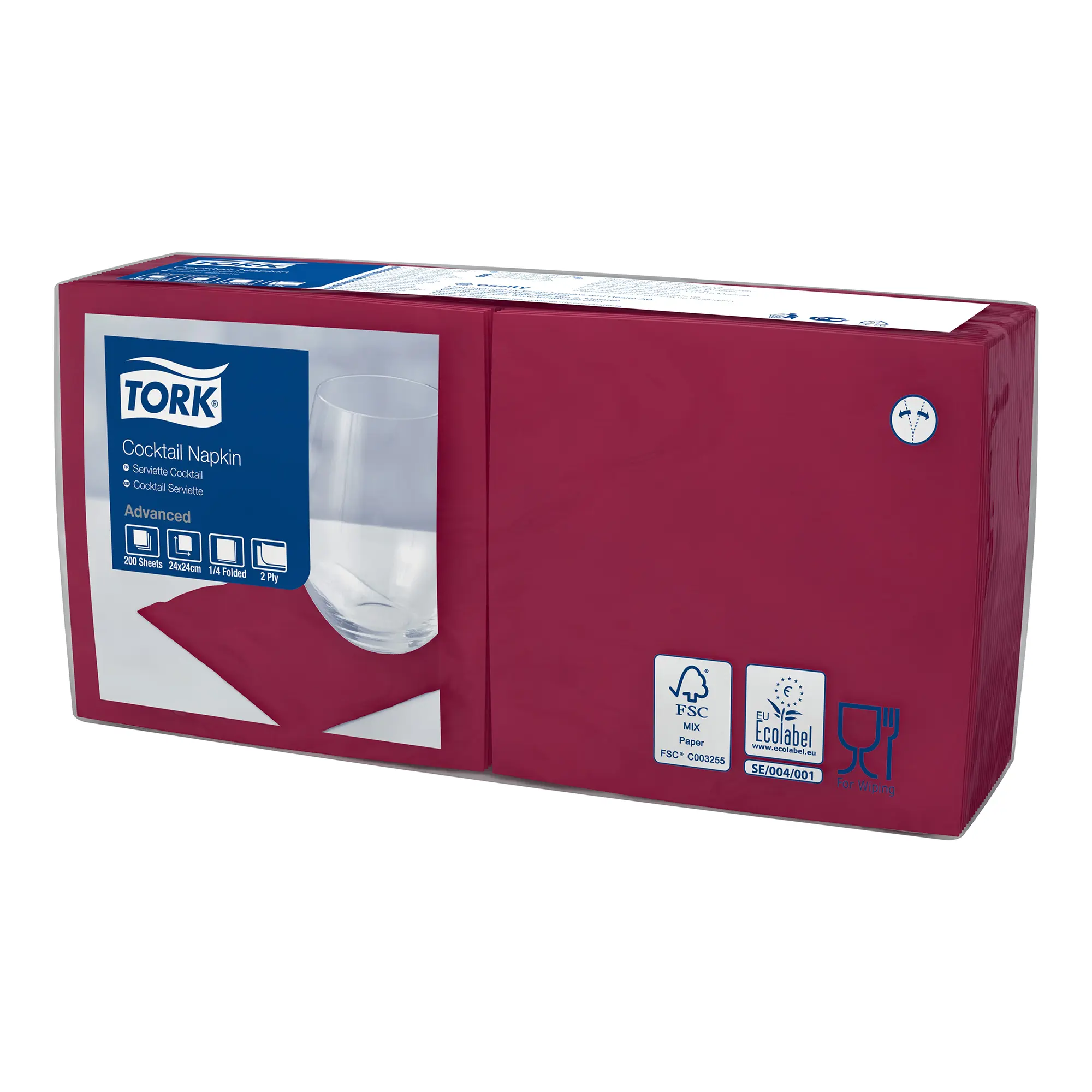 Tork Advanced Cocktailserviette 1/4-Falz, 11,9 x 11,9 cm, 2-lagig in bordeauxrot, kompostierbare Qualitätsservietten für Cocktails, Drinks und Snacks, Artikelnummer 477534