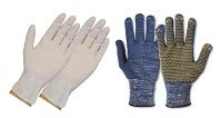 Schutzhandschuhe Set mit nahtlosen Feinstrickhandschuhen in Weiß und beschichteten Montagehandschuhen in Blau und Gelb, Artikelnummer