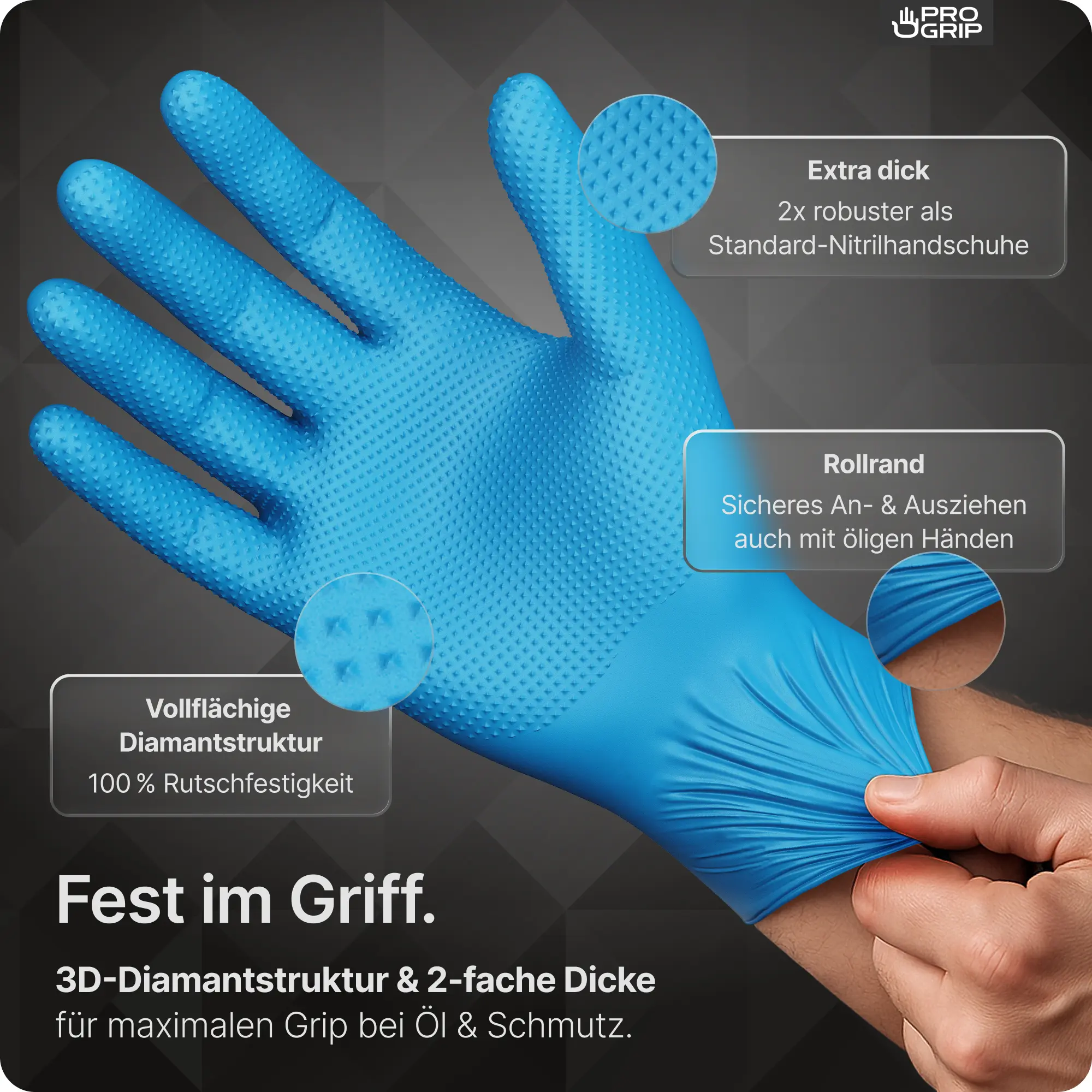 ARNOMED PROGRIP NITRIL DIAMOND BLUE Nitrilhandschuhe blau puderfrei, extra dicke, latexfreie Einmalhandschuhe mit 3D-Diamantstruktur, Rollrand und sicherem Grip für Gastronomie, Reinigung, Desinfektion und Lebensmittelindustrie, VE 50 Stück