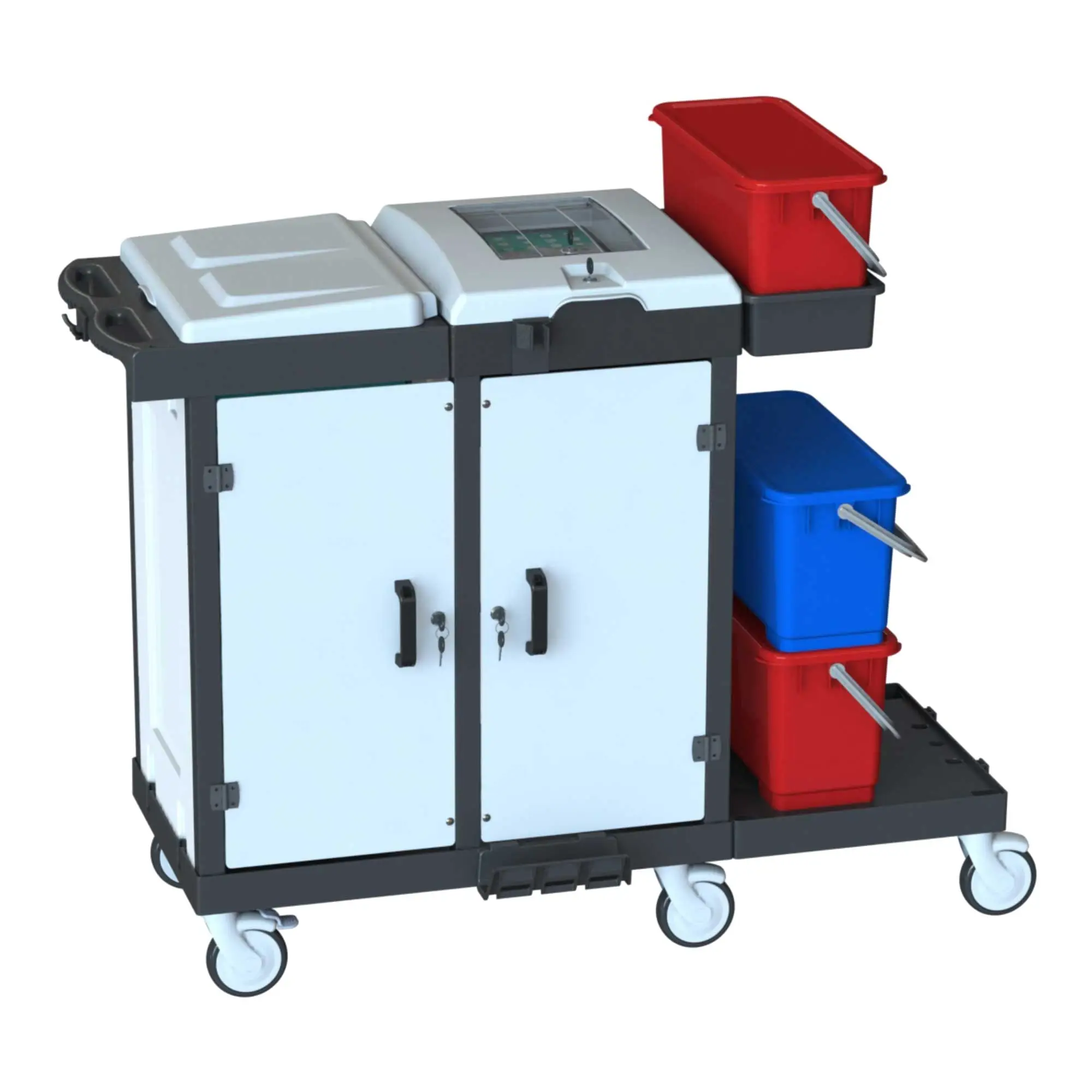 Arcora BORA MEDICAL 750 X-LINE Reinigungs- und Desinfektionswagen mit verschließbarem Schrank, 3 Moppboxen und 4 Eimern für Kliniken und Pflegeheime