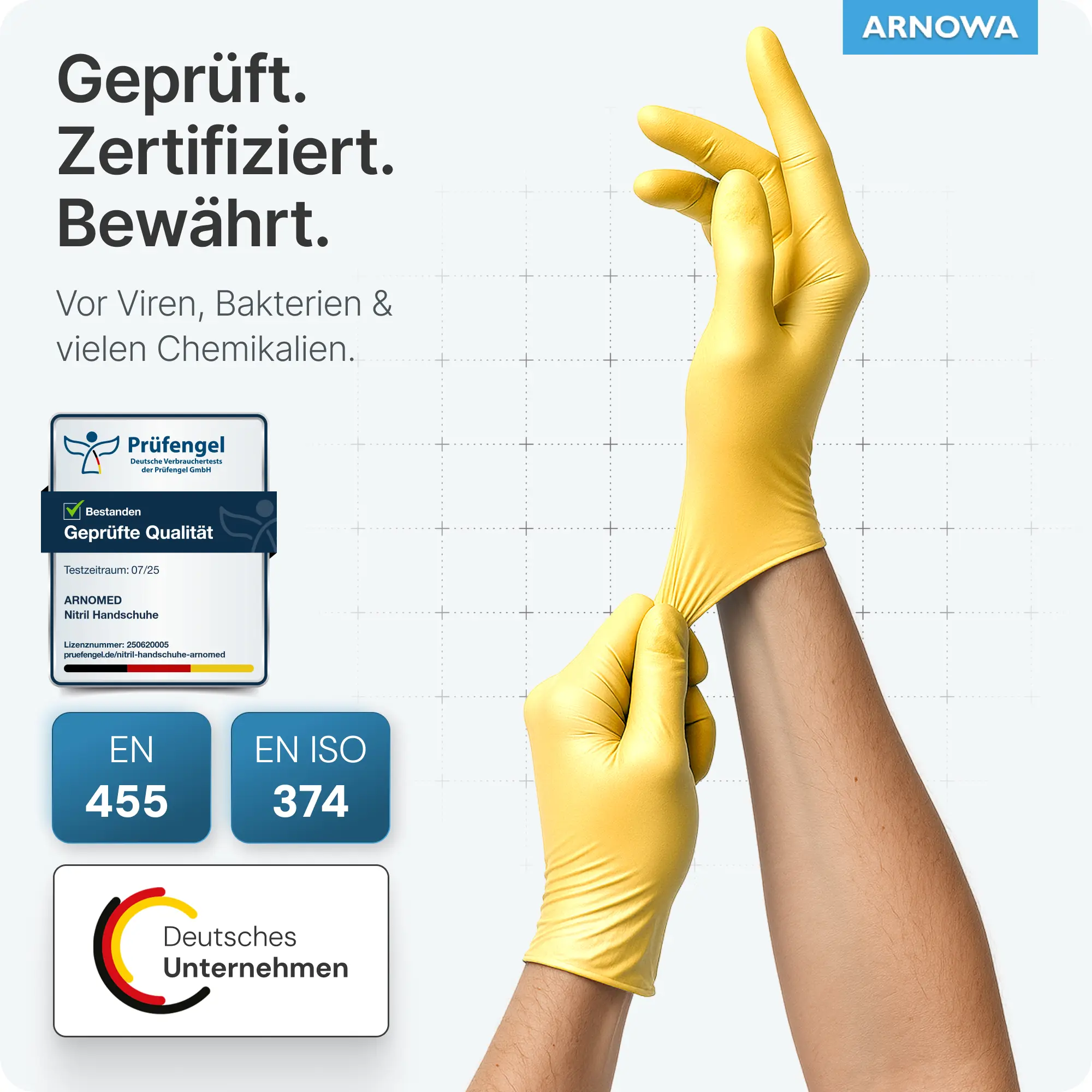 ARNOMED RAINBOW NITRIL SUNFLOWER YELLOW Nitrilhandschuhe gelb puderfrei, elastische Untersuchungshandschuhe mit Zertifizierung EN 455 und EN ISO 374 von deutschem Unternehmen