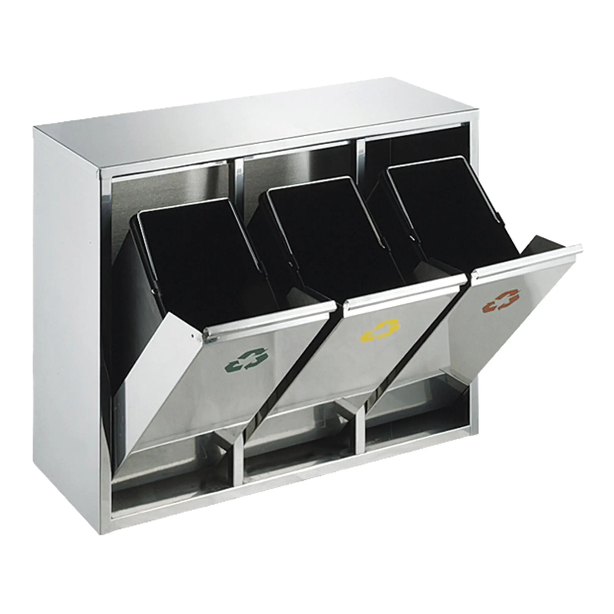 Vepa Bins Wertstoff-Sortieranlage 3x8 Liter Edelstahl mit drei farblich gekennzeichneten Klappfächern zur Mülltrennung, geeignet zur Wandmontage