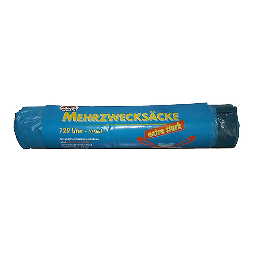 Reinex Pack Mehrzwecksäcke extra stark mit Zugband 120 Liter, blau, 18 my, stabile LDPE-Müllsäcke für Abfall, Lagerung und Verpackung