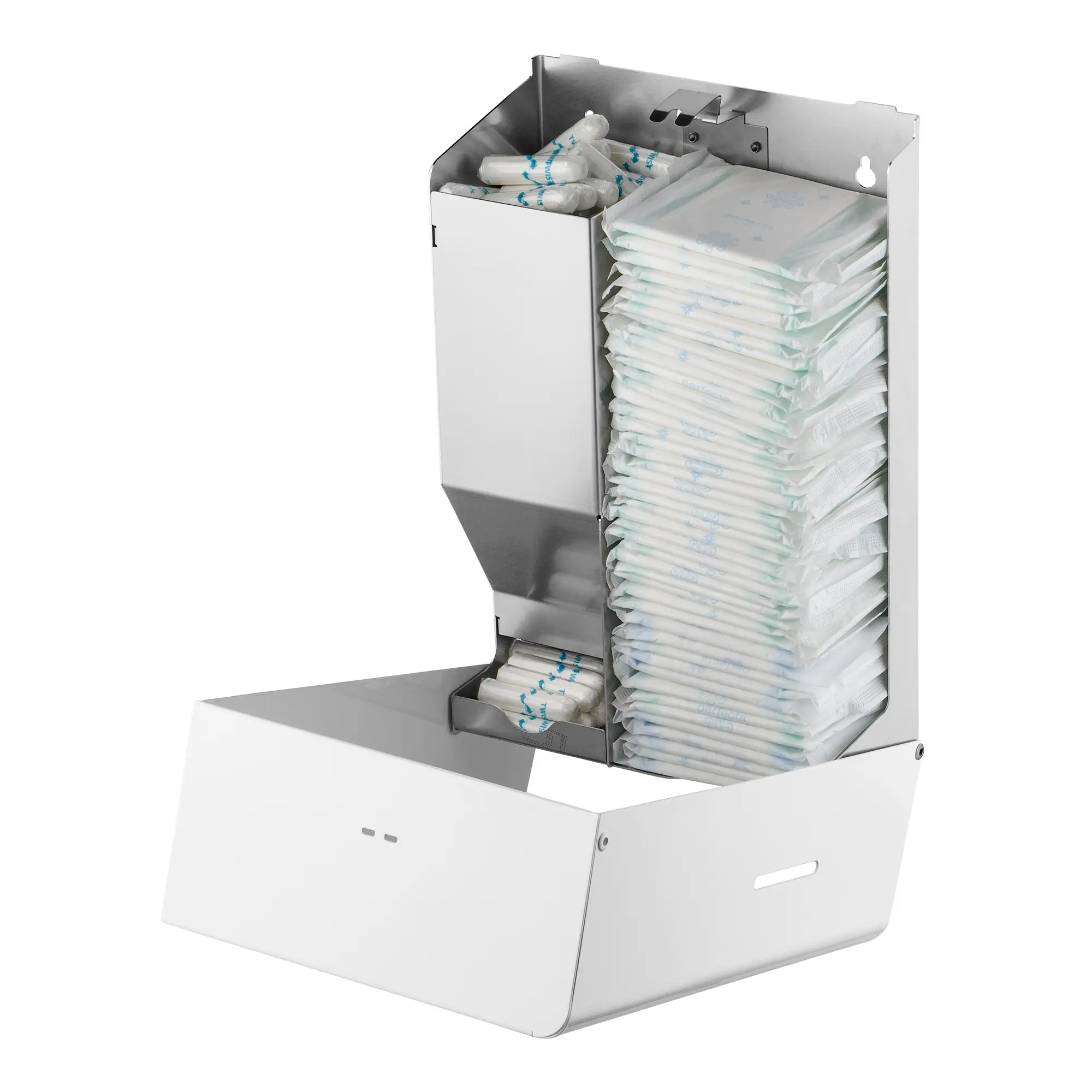 MediQo-line Tampon- und Bindenspender klein Edelstahl MQSTB P, platzsparender Wandspender für ca. 150 Tampons und 40 Binden mit Sichtschlitzen, Artikel MQSTB P