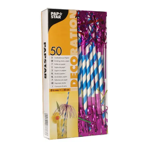 PAPSTAR Trinkhalme, Papier Ø 6 mm, 20 cm blau/weiß "Fireworks" in dekorativer Verpackung, umweltfreundliche Papiertrinkhalme für Cocktails, Drinks und Erfrischungsgetränke