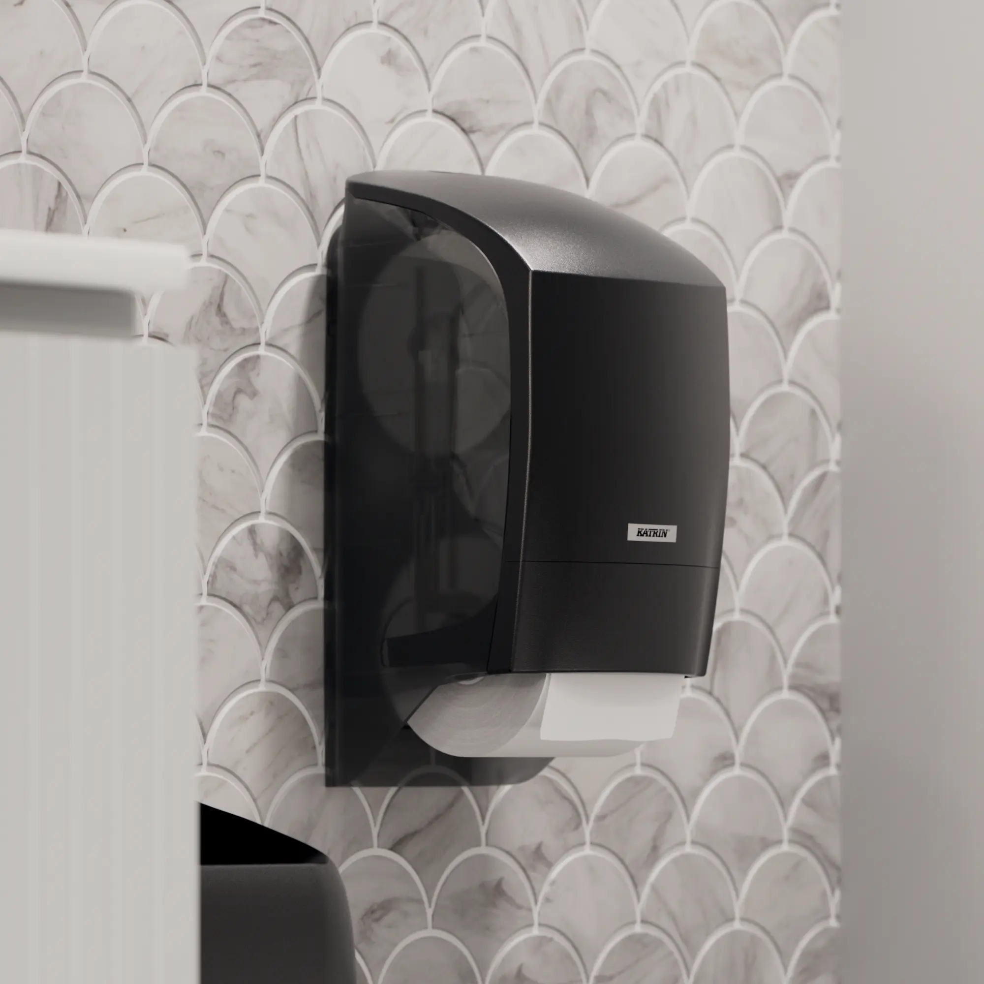 Katrin System-Toilettenpapierspender schwarz, wandmontierter Inclusive System-Doppelrollen-Spender mit automatischem Rollenwechsel für zwei WC-Papierrollen, Artikel 104605