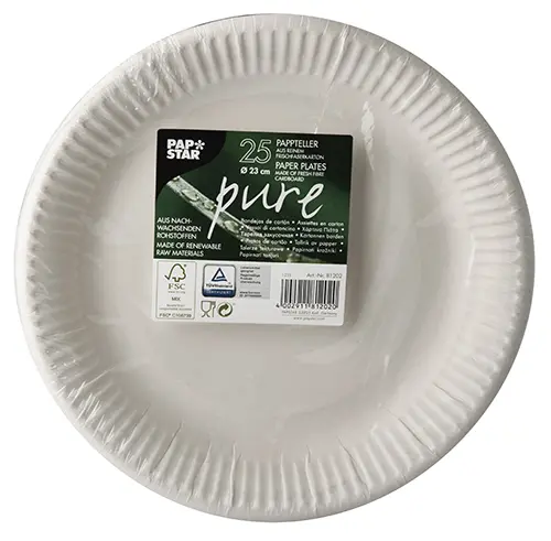 PAPSTAR Teller, Pappe "pure" rund Ø 23 cm weiß, runde FSC-zertifizierte Pappteller aus Frischfaserkarton Ø 23 cm für umweltbewusste Feste, 16 x 25 Stück, Art.-Nr. 871222