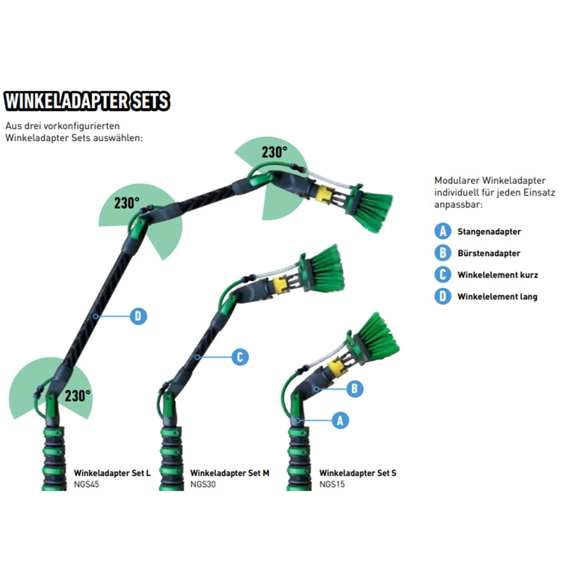 Unger nLITE Winkeladapter Set mit Gelenken für das nLITE Stangensystem, modulare Winkeladapter für schwer zugängliche Stellen an Wintergärten und Fassadenelementen, Bild der Sets S, M und L mit 230 Grad Verstellbereich, Artikelnummer NGS45