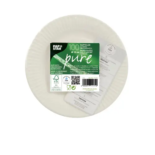 PAPSTAR Teller, Pappe "pure" rund Ø 15 cm weiß, runder Einweg-Pappteller aus 100 % Frischfaserkarton, klimaneutral erhältlich, Ø 15 cm, Artikel 11171