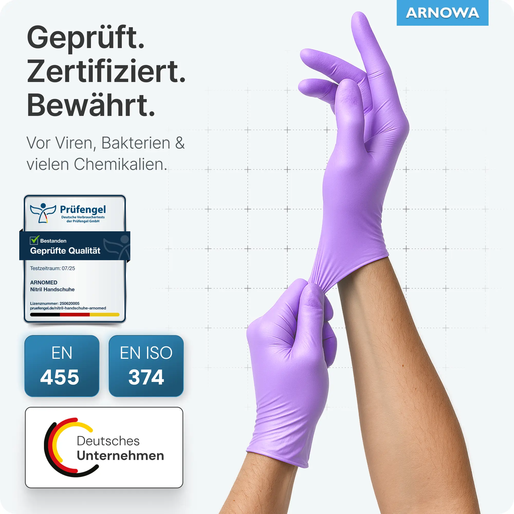 ARNOMED RAINBOW NITRIL LAVENDER VIOLET Nitrilhandschuhe lila puderfrei, latexfrei, elastisch, fingertexturiert, geprüft gegen Viren, Bakterien und viele Chemikalien nach EN 455 und EN ISO 374, VE 100 Stück