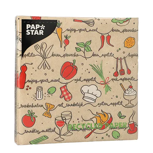 PAPSTAR Servietten, 3-lagig 1/4-Falz 33 cm x 33 cm natur "Enjoy your meal" aus recyceltem Papier