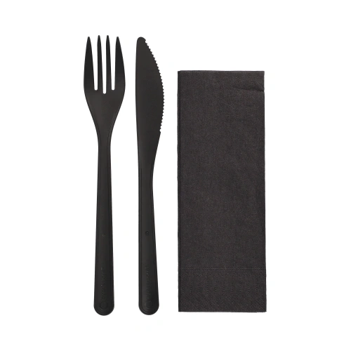 Starpak Mehrweg-Bestecksets PP-MF 22 cm schwarz : Messer, Gabel, Serviette in Folienbeutel, 10 x 50 Stück