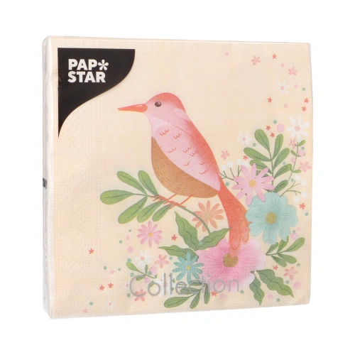 PAPSTAR Servietten, 3-lagig 1/4-Falz 33 cm x 33 cm "Flowery Bird", 10 x 20 Stück