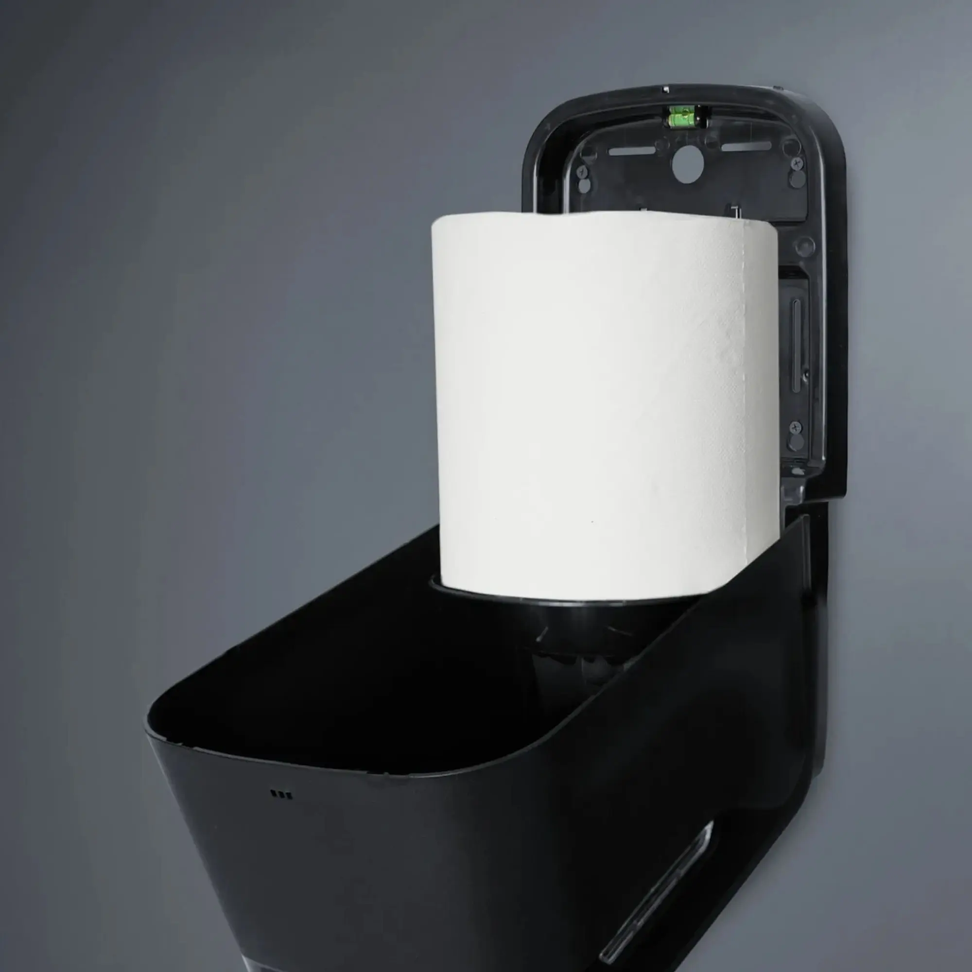 SEMYtop Handtuchrollenspender Centerpull Maxi in Schwarz, befüllt mit Handtuchrolle mit Innenabwicklung für hygienische Einzelblattentnahme